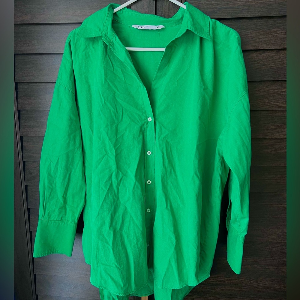 Zara Green Cotton Button Down Blouse